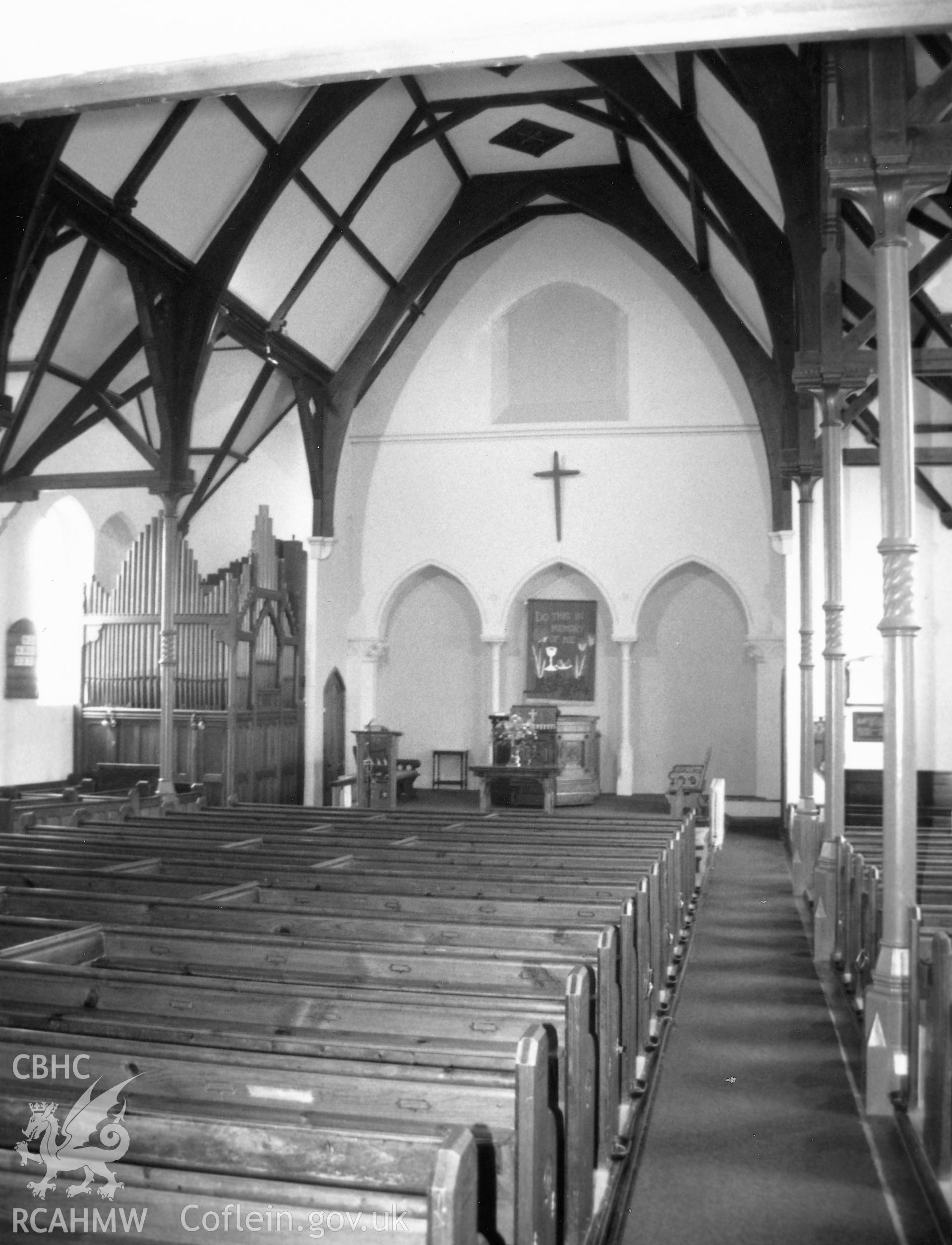 Digital copy of a black and white photograph showing an interior view of St John's Congregational Chapel, Tenby, taken by Robert Scourfield, 1995.