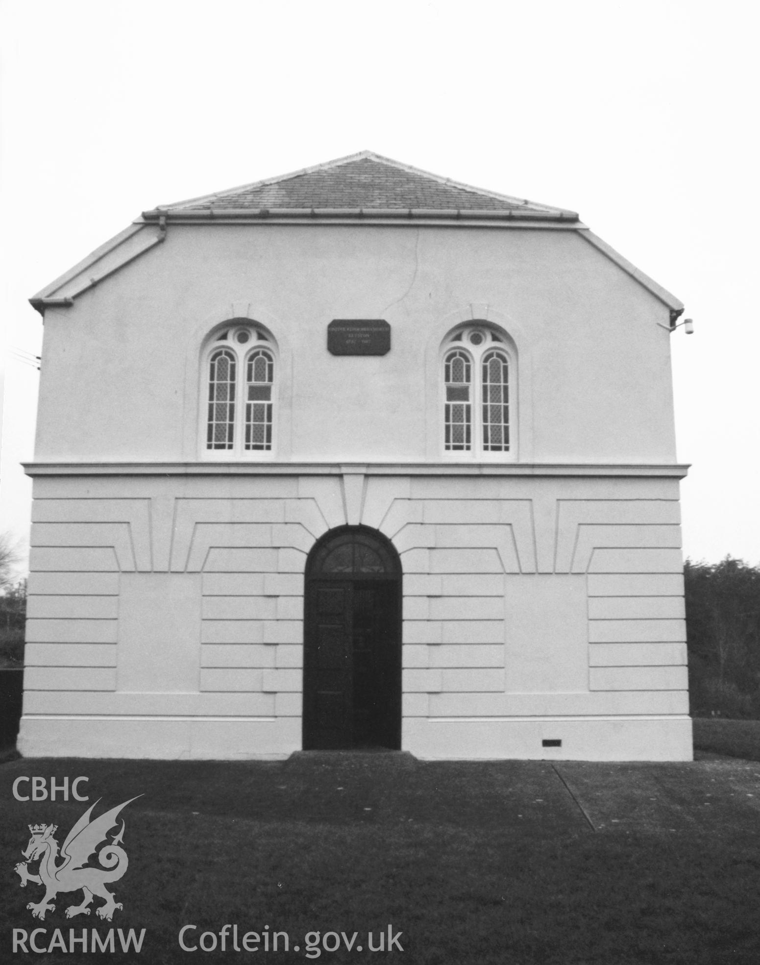 Digital copy of a black and white photograph showing exterior view of Keystone Independent Chapel, Camrose, taken by Robert Scourfield, 1996.
