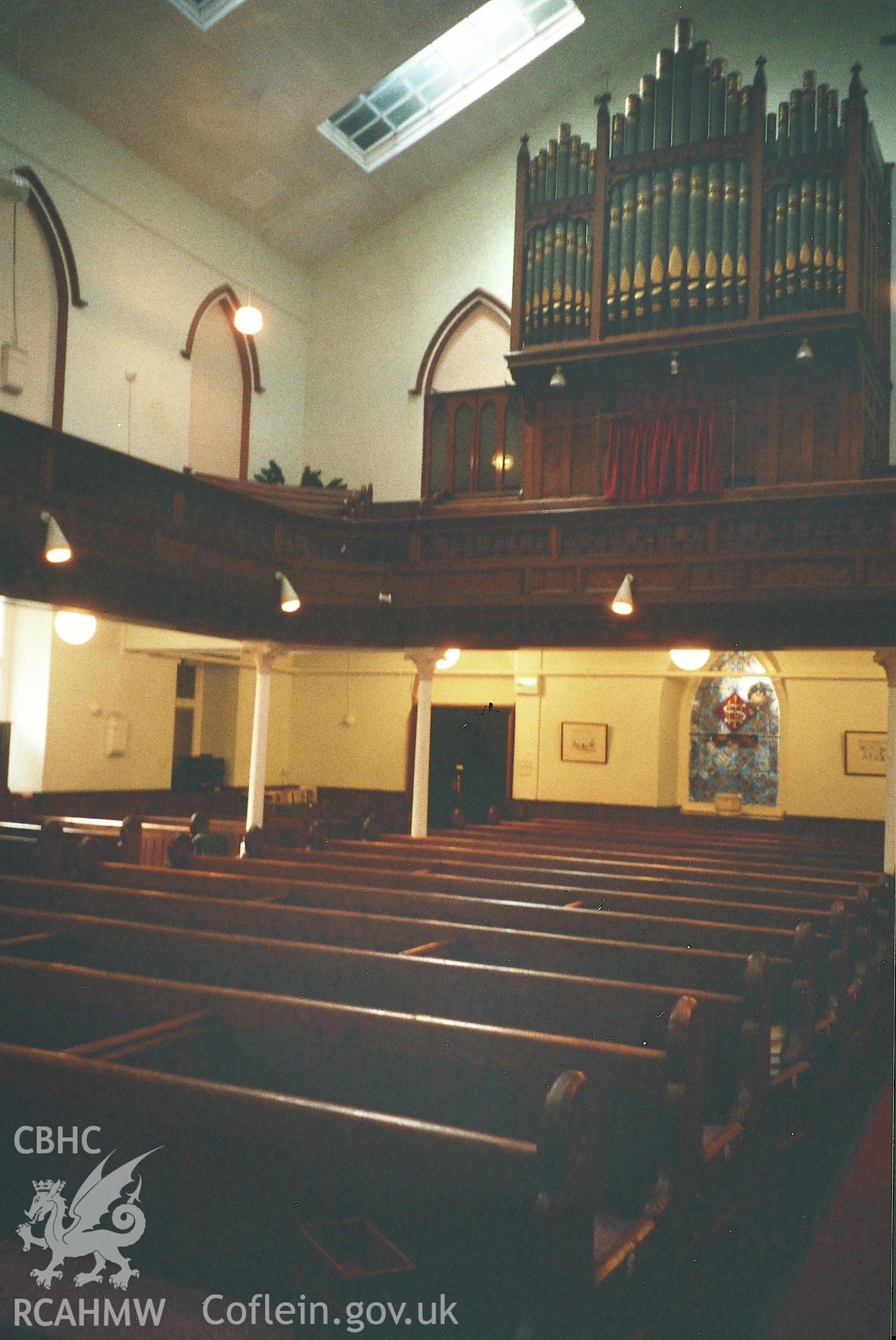 Digital copy of a colour photograph showing an interior view of Albany Congregational Chapel, Haverfordwest,  taken by Robert Scourfield, 1995.