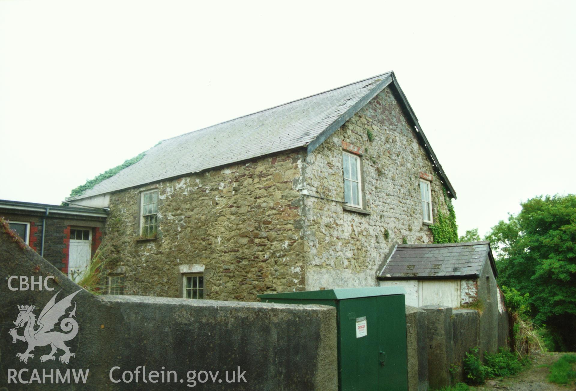 Digital copy of a colour photograph showing an exterior view of the rear of Tabernacle Congregational Chapel, Narberth, taken by Robert Scourfield, 1996.