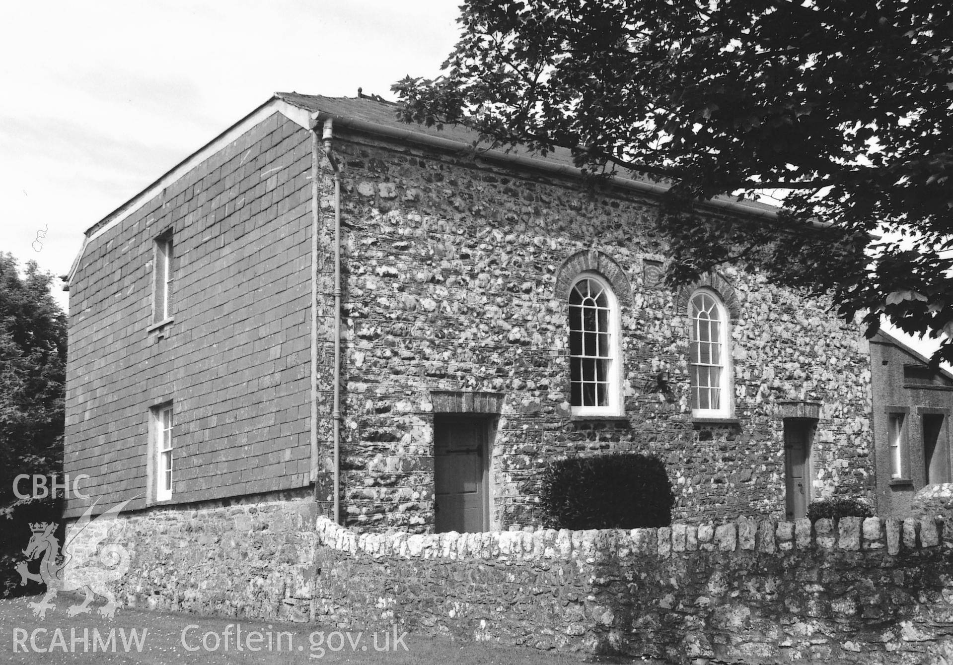Digital copy of a black and white photograph showing an exterior view of Caerfachell Calvinistic Methodist Chapel, St David's, taken by Robert Scourfield, 1995.