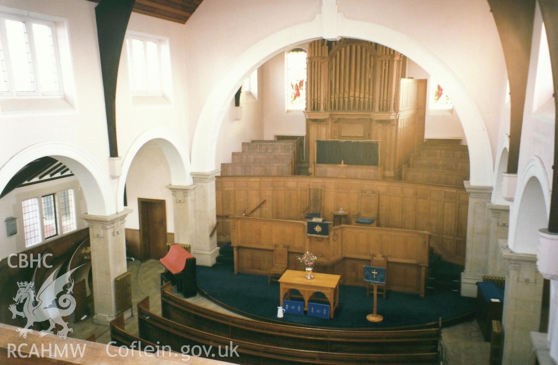 Digital copy of a colour photograph showing an interior view of Tabernacle Congregational Chapel, Milford Haven,  taken by Robert Scourfield, 1995.