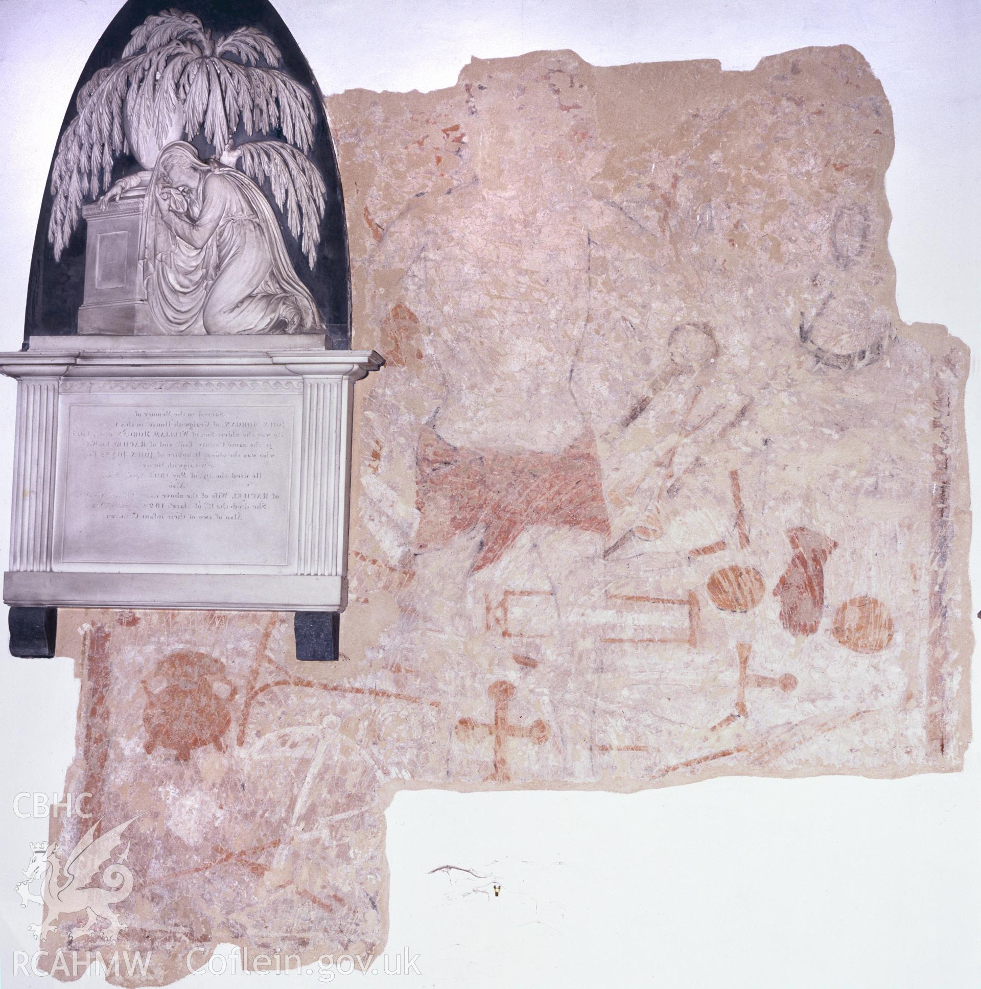 RCAHMW colour transparency showing a figure and icons in St Cybis Church, Llangybi, taken by RCAHMW