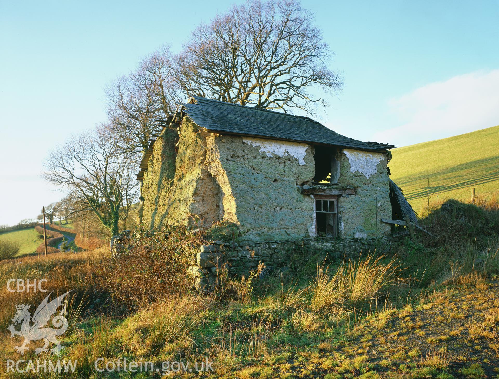 Colour transparency showing an exterior view of Llechwedd Cottage, Lledrod, produced by Iain Wright, December 2003