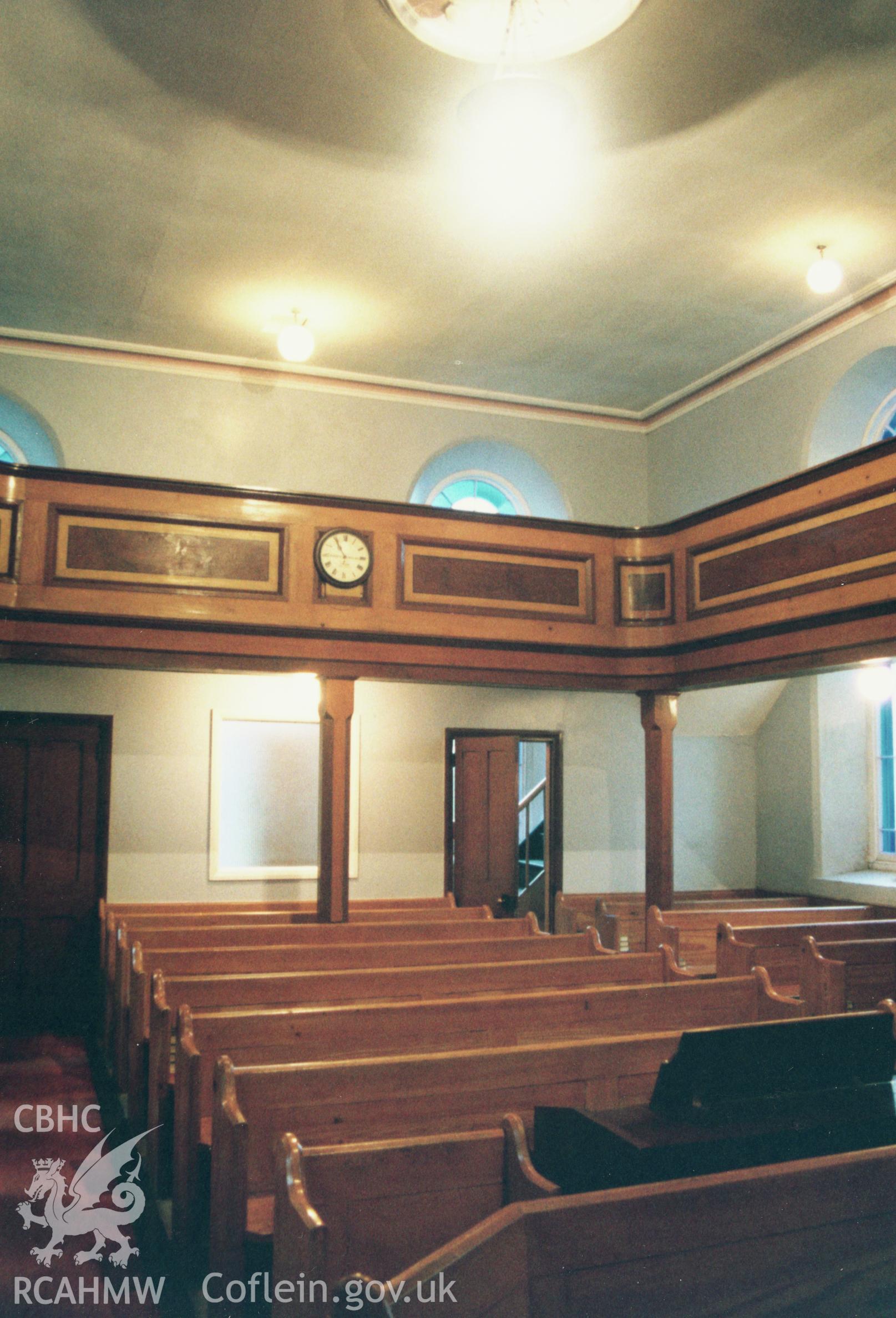 Digital copy of a colour photograph showing an interior view of Carmel Baptist Chapel, Clarbeston, taken by Robert Scourfield, 1996.