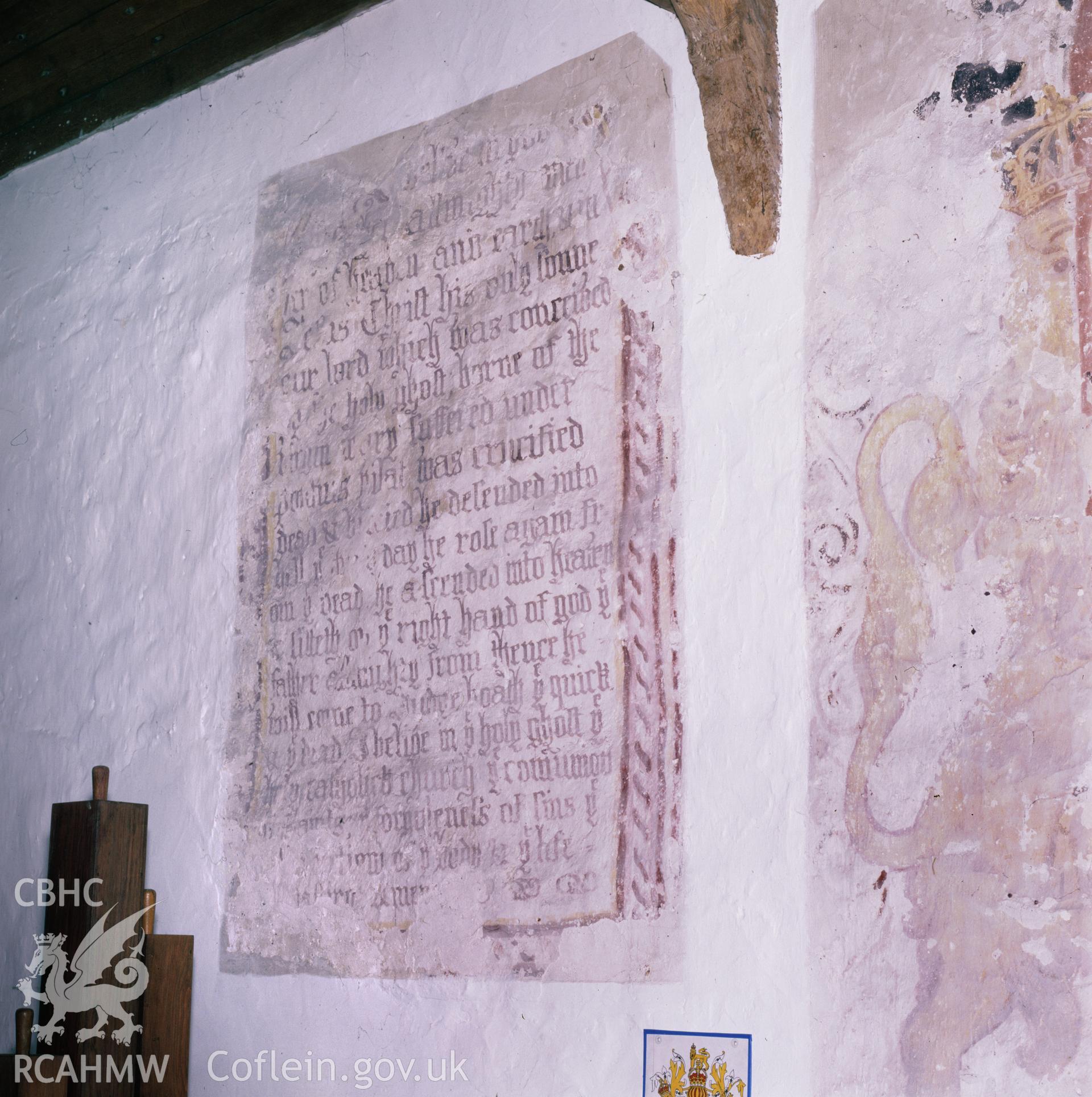 RCAHMW colour transparency showing wallpainting at Eglwys Brewis Church, taken by Iain Wright, 2003