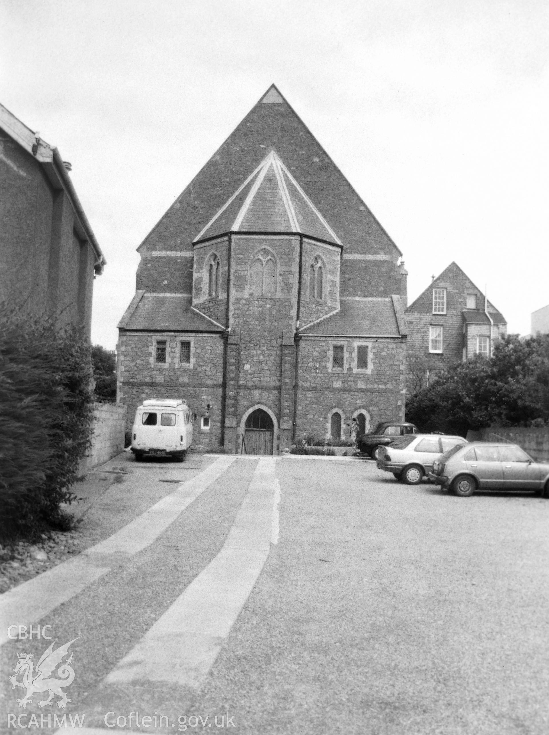 Digital copy of a black and white photograph showing an exterior view of Deer Park Baptist Chapel, Tenby, taken by Robert Scourfield, 1995.