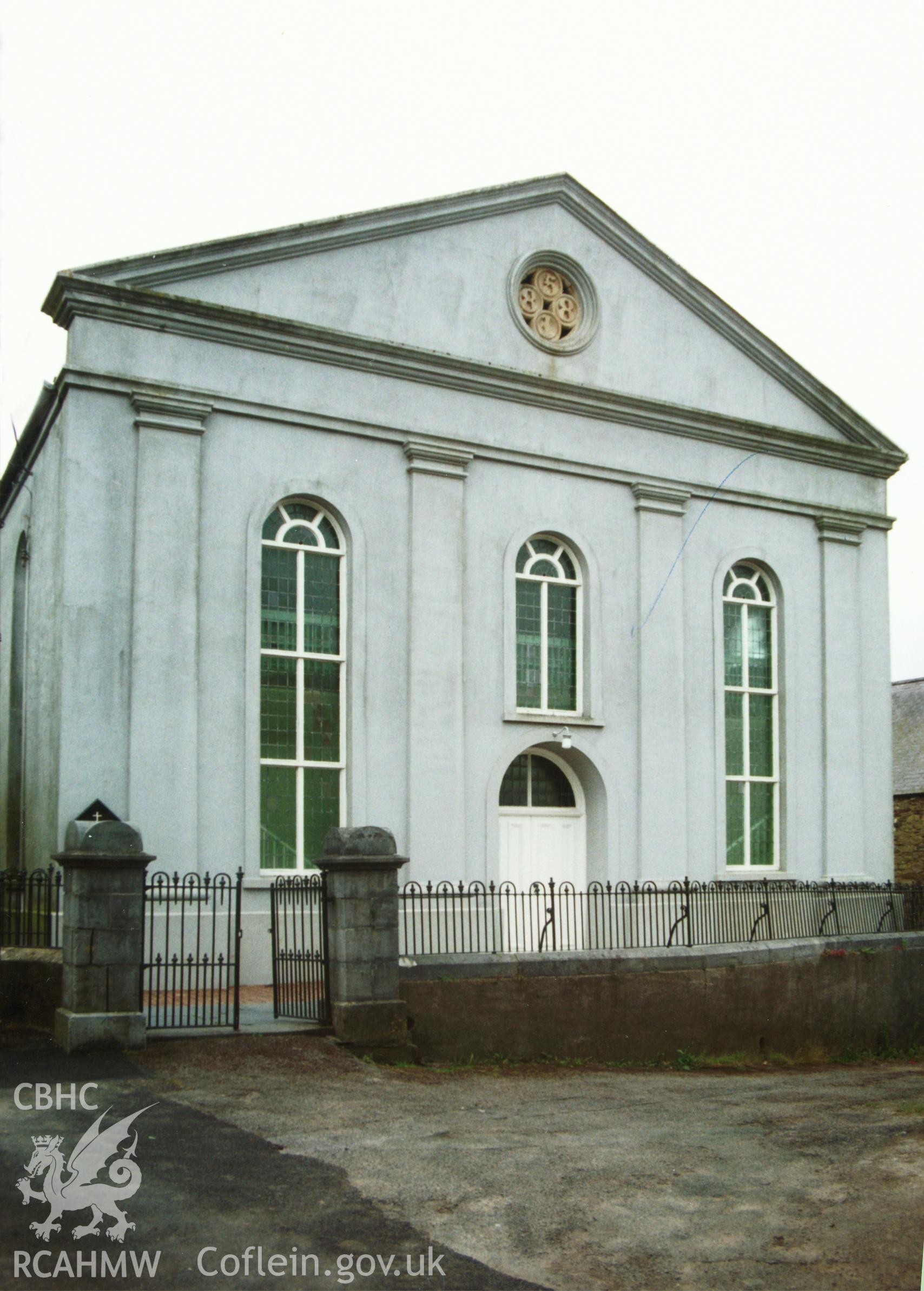 Digital copy of a colour photograph showing an exterior view of Tabernacle Congregational Chapel, Narberth, taken by Robert Scourfield, 1996.