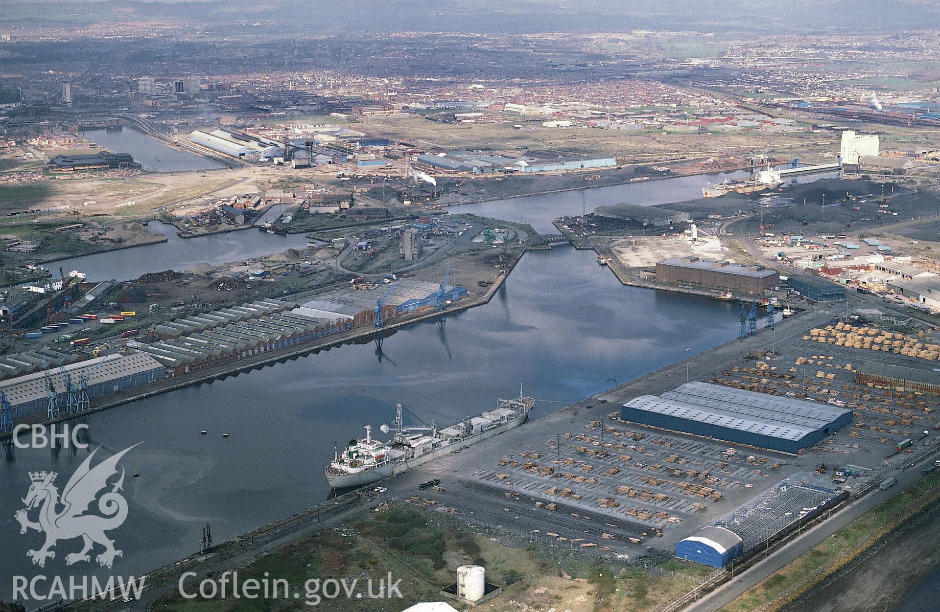 Slide of RCAHMW colour oblique aerial photograph of Queen Alexandra Dock, Cardiff Bay, taken by C.R. Musson, 26/3/1990.