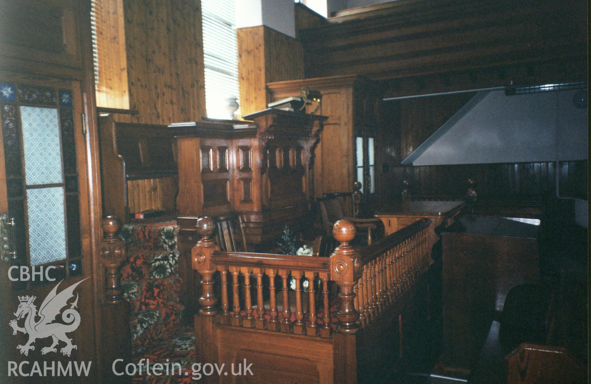 Digital copy of a colour photograph showing an interior view of Capel Isaac Independent Chapel, Llandeilo,  taken by Robert Scourfield, 1995.