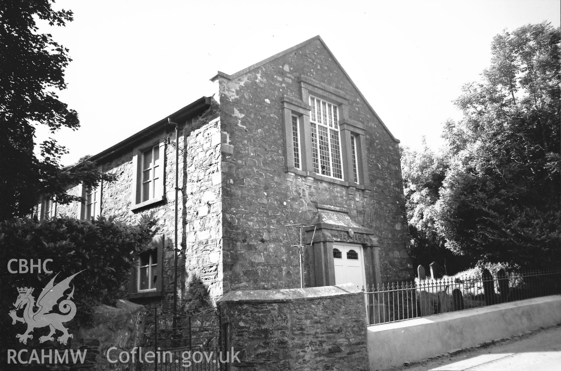 Digital copy of a black and white photograph showing an exterior view of Beulah Baptist Chapel, Little Newcastle taken by Robert Scourfield, 1995.