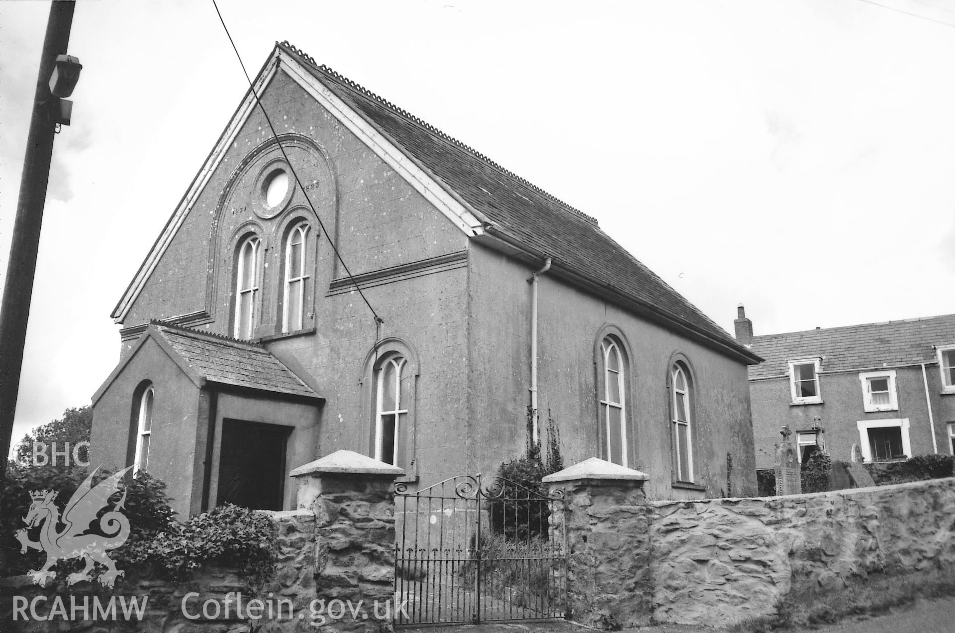Digital copy of a black and white photograph showing an exterior view of Tabernacle Independent Chapel, Rosemarket, taken by Robert Scourfield, 1995.