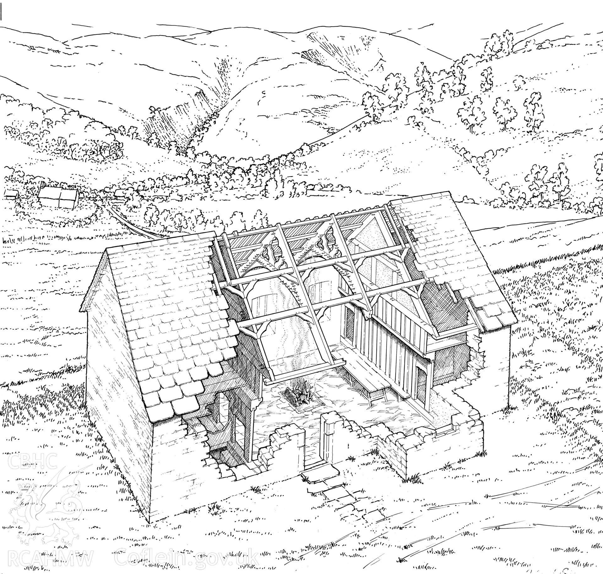 Cutaway reconstruction of Cefn-Caer Farmhouse, by Geoff Ward, 1999, produced for the Merioneth County History.