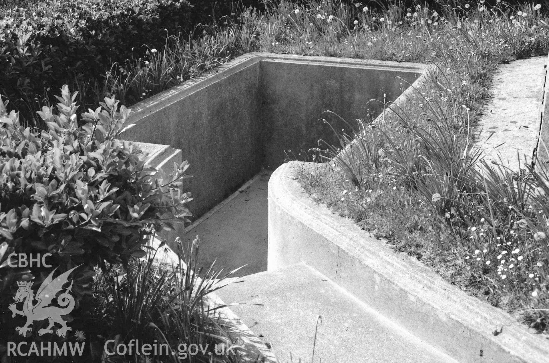 Digital copy of a black and white photograph showing a view of the baptism tank at Felin Ganol Baptist Chapel, Whitchurch, taken by Robert Scourfield, 1995.