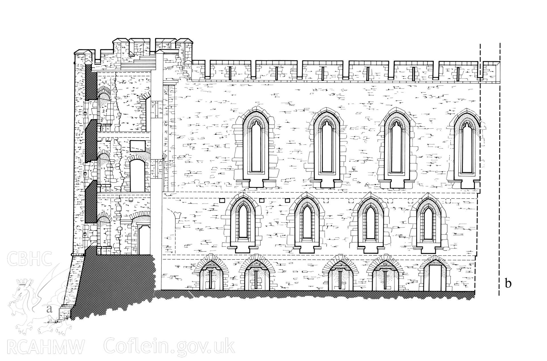 Measured drawing showing elevation of Brecon Castle, produced by RCAHMW