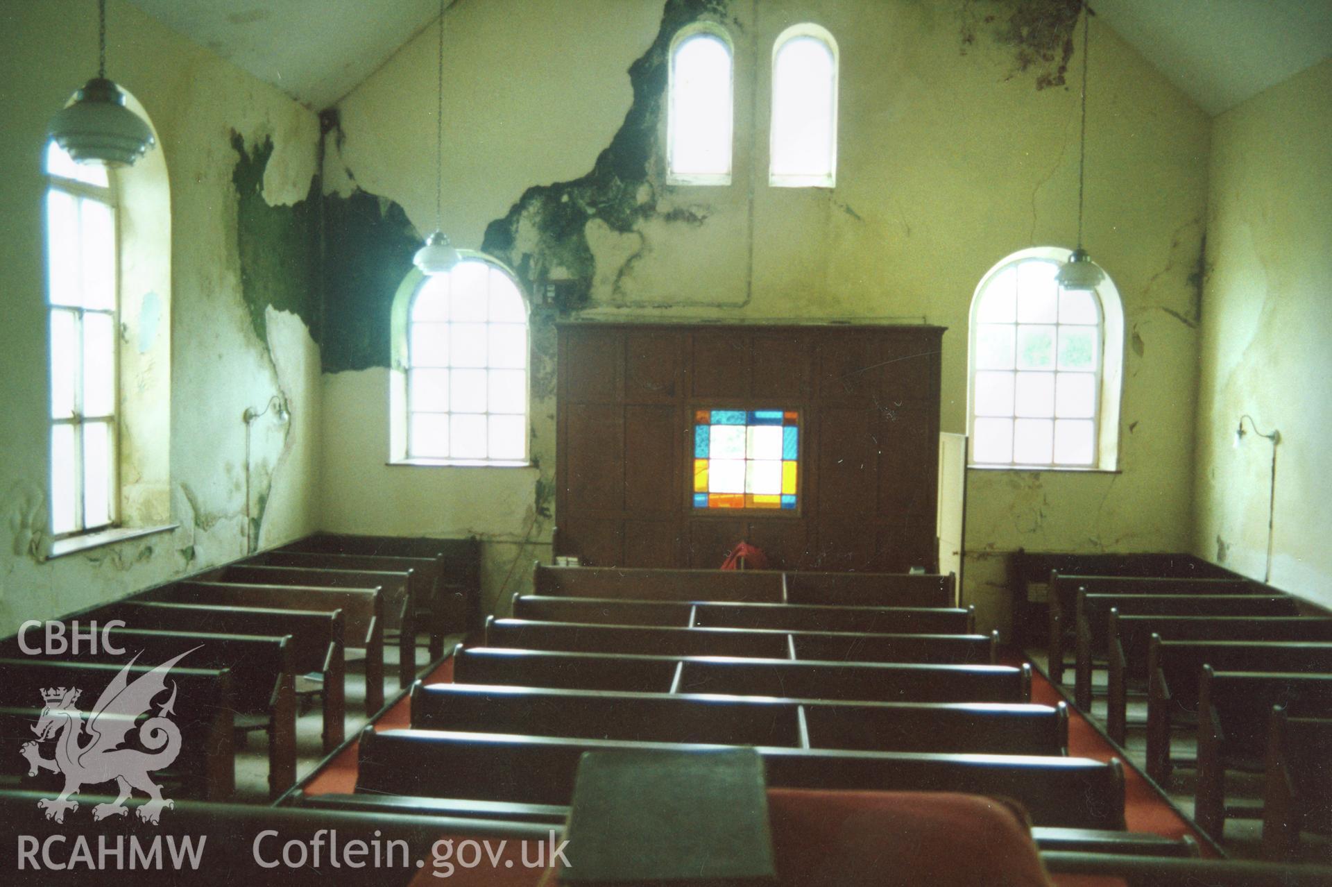 Digital copy of a colour photograph showing an interior view of Zoar Independent Chapel, Carew Newton, taken by Robert Scourfield, 1996.