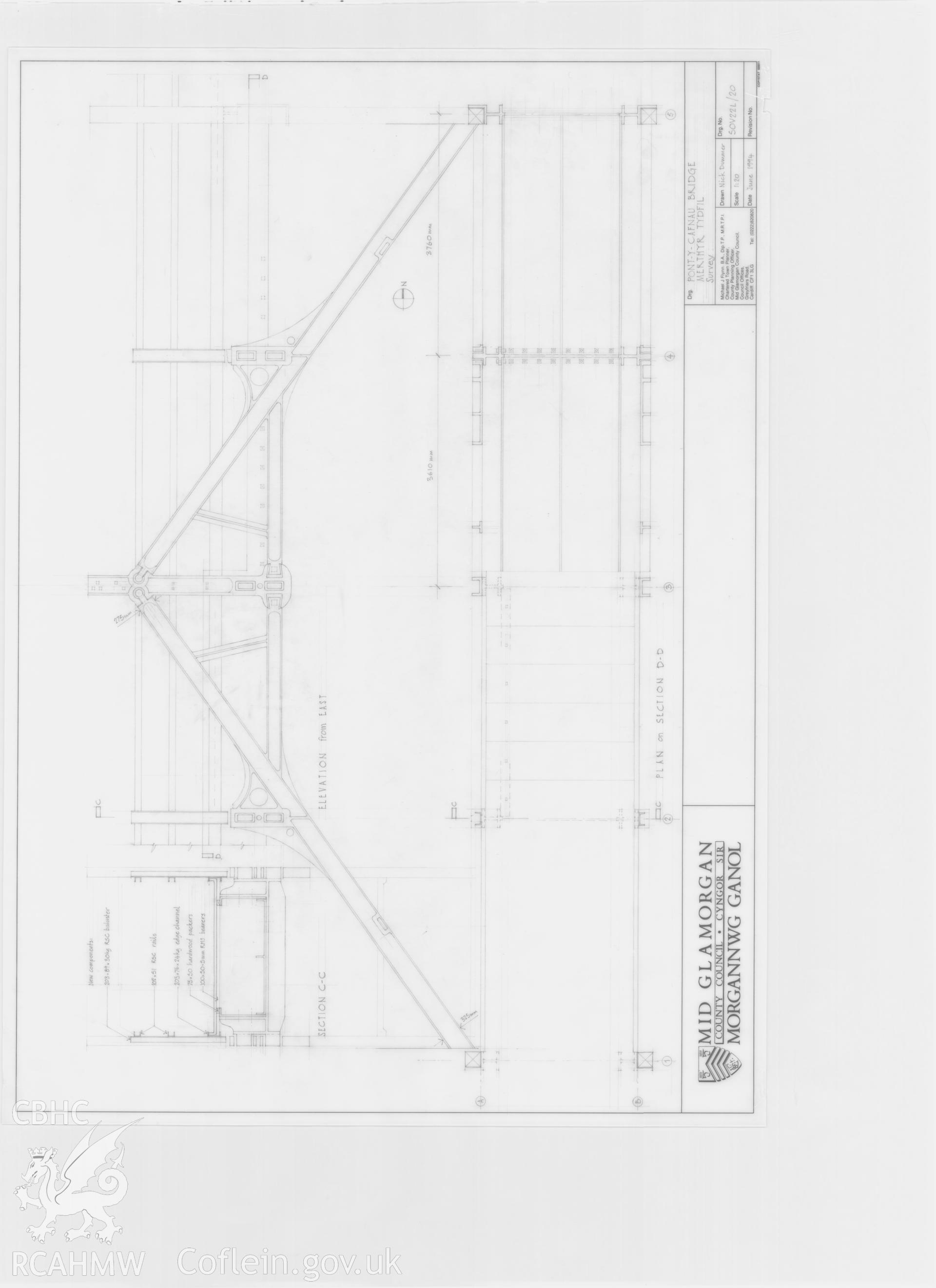 Measured survey of Pont y Cafnau Bridge, Merthyr Tydfil, comprising plan, section and elevation views, produced by Nick Dummer of Mid Glamorgan County Council, June 1994.