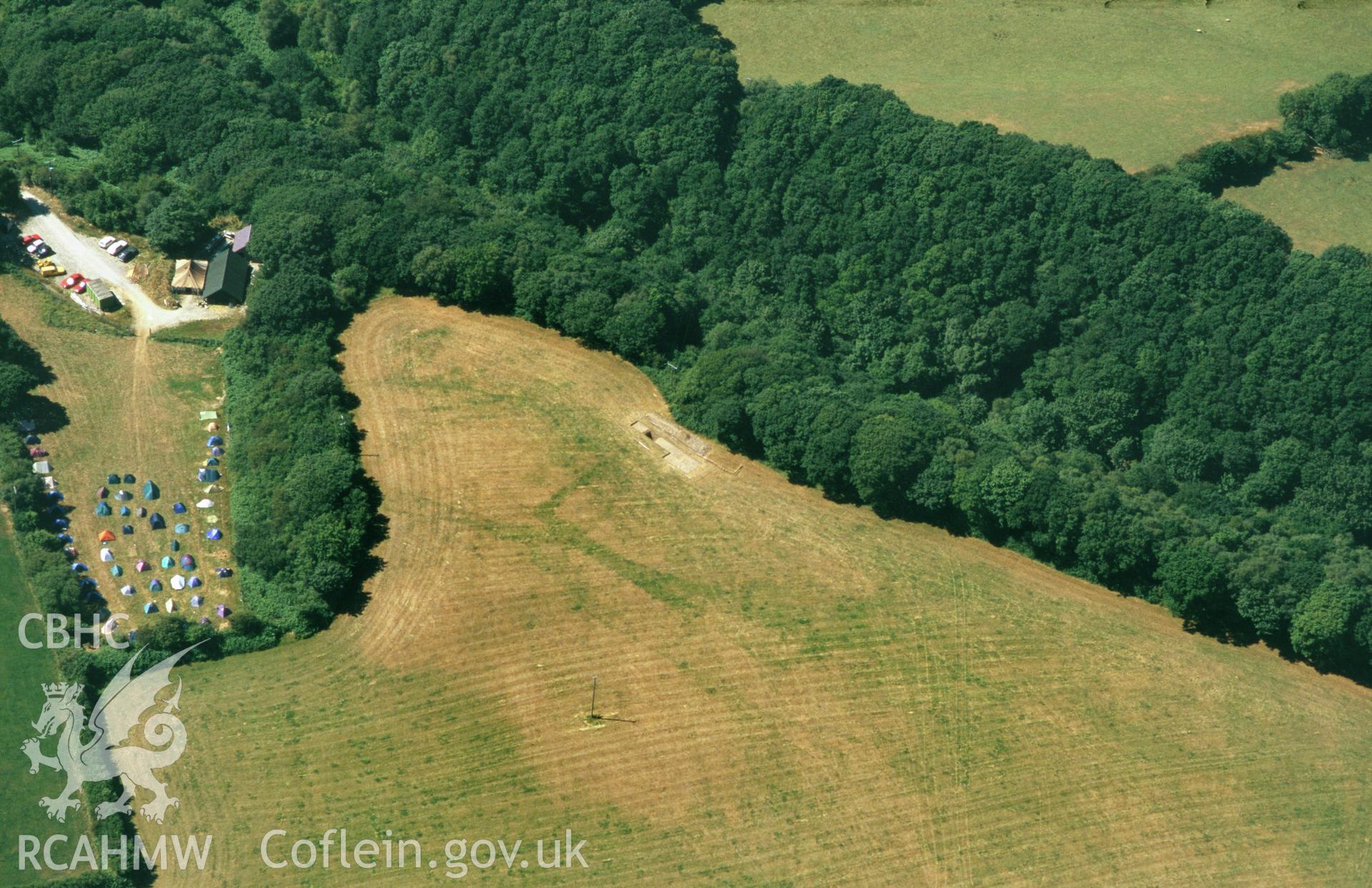 RCAHMW colour slide oblique aerial photograph of enclosure W of Penpedwast, Eglwyswrw, taken by C.R.Musson on the 15/07/1996