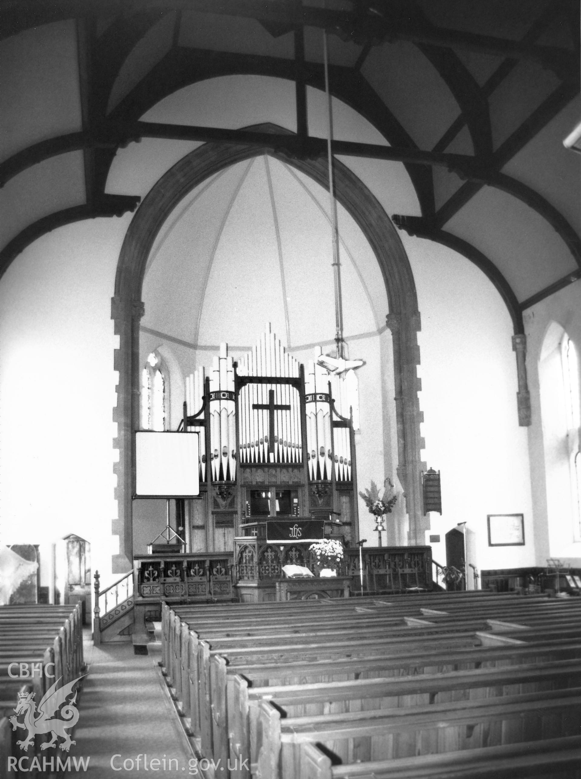 Digital copy of a black and white photograph showing an interior view of Deer Park Baptist Chapel, Tenby, taken by Robert Scourfield, 1995.