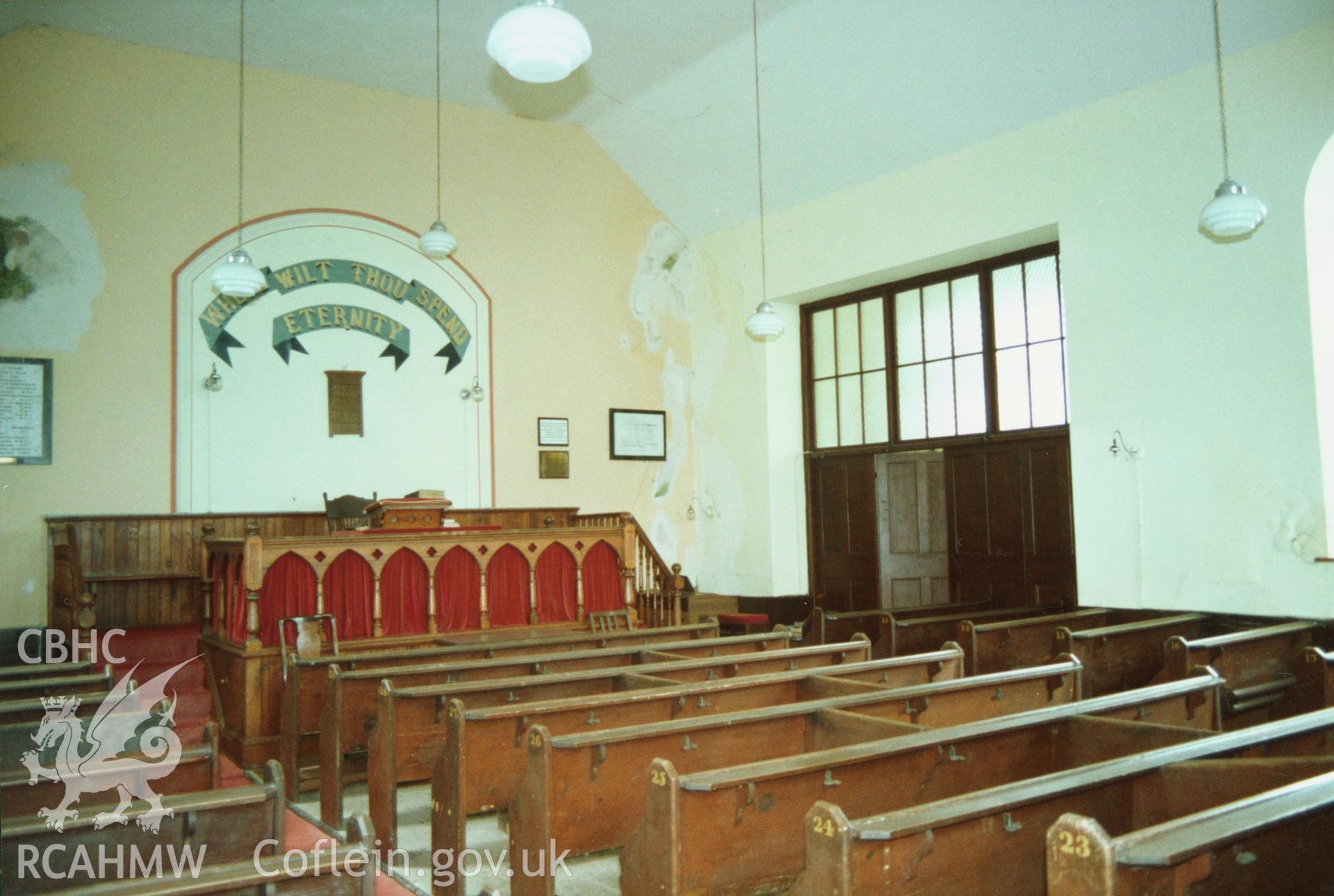 Digital copy of a colour photograph showing an interior view of Zoar Independent Chapel, Carew Newton, taken by Robert Scourfield, 1996.