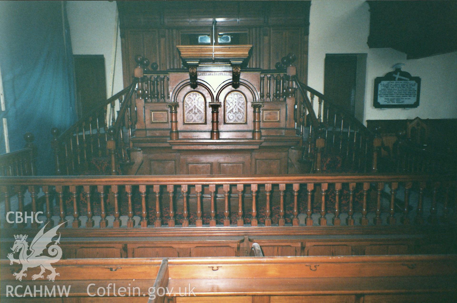 Digital copy of a colour photograph showing an interior view of Salem Calvinistic Methodist Chapel, Llandeilo taken by Robert Scourfield, 1995.