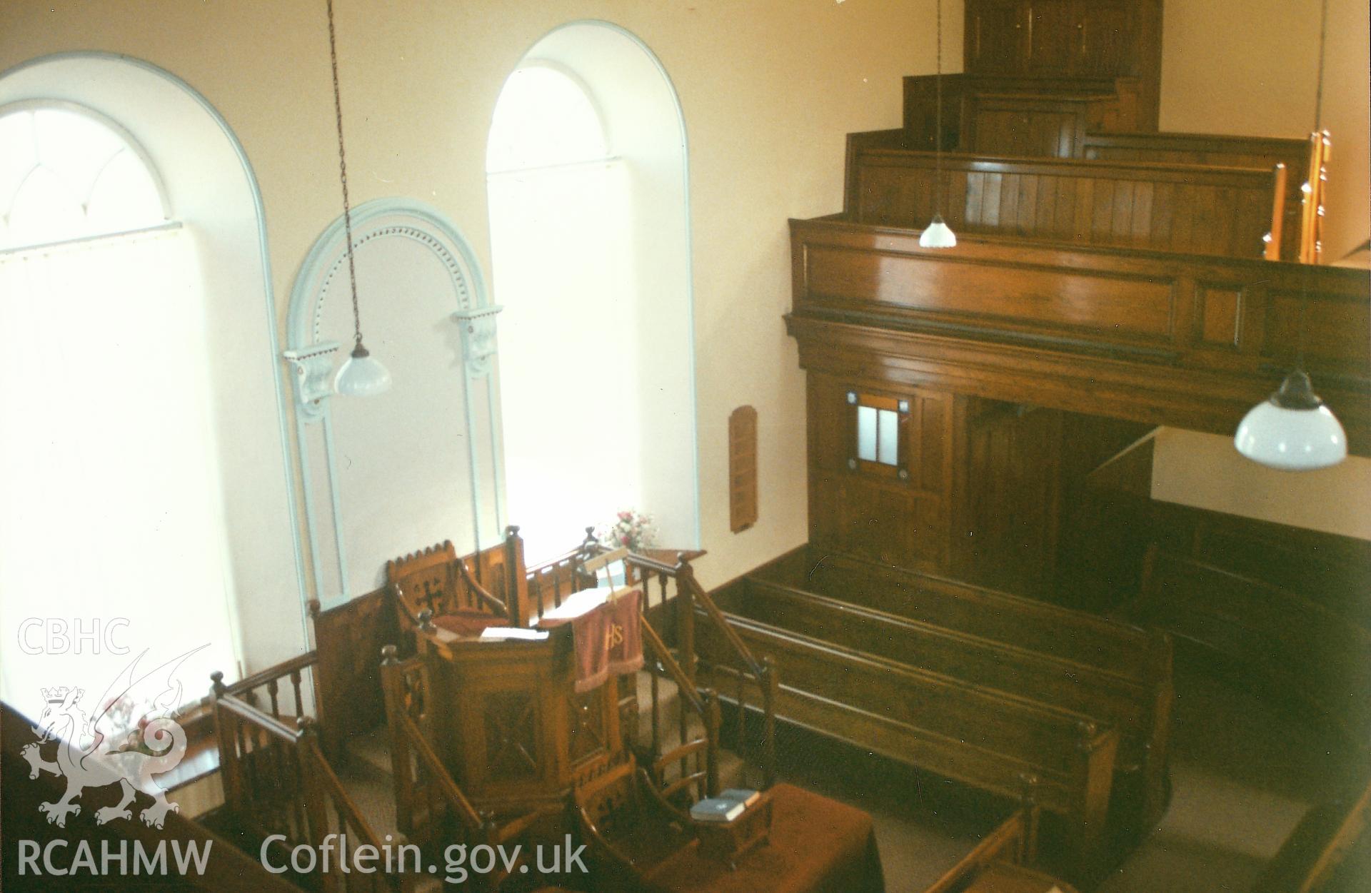 Digital copy of a colour photograph showing an interior view of Brynberian Independent Chapel, Eglwyswrw,  taken by Robert Scourfield, 1995.