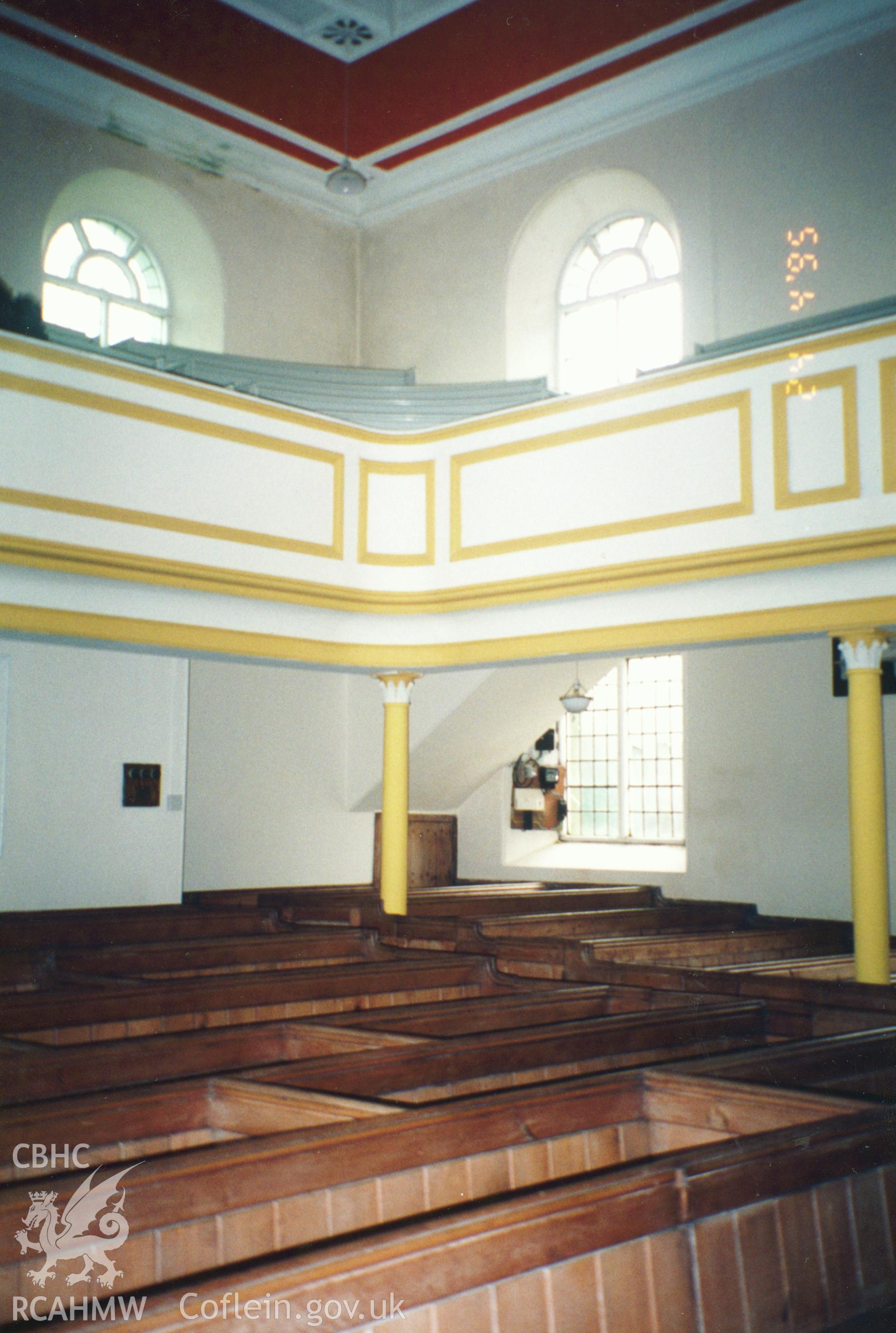 Digital copy of a colour photograph showing an interior view  of Tabernacle Congregational Chapel, Narberth, taken by Robert Scourfield, 1996.