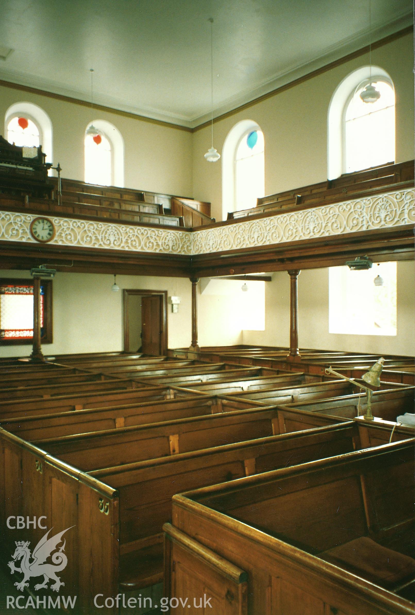 Digital copy of a colour photograph showing an interior view of Seion Baptist Chapel, St. David's,  taken by Robert Scourfield, 1995.