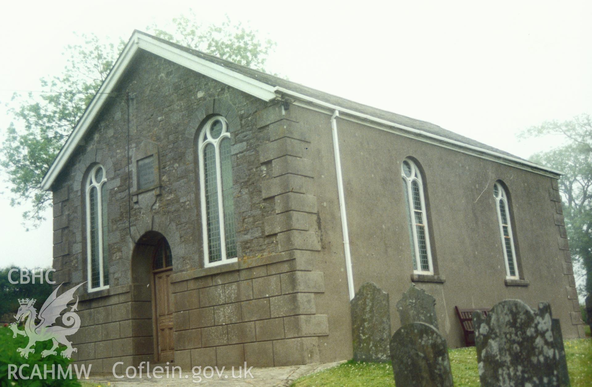 Digital copy of a colour photograph showing an exterior view of Glanrhyd English Baptist Chapel, Lampeter Velfrey, taken by Robert Scourfield, 1996.