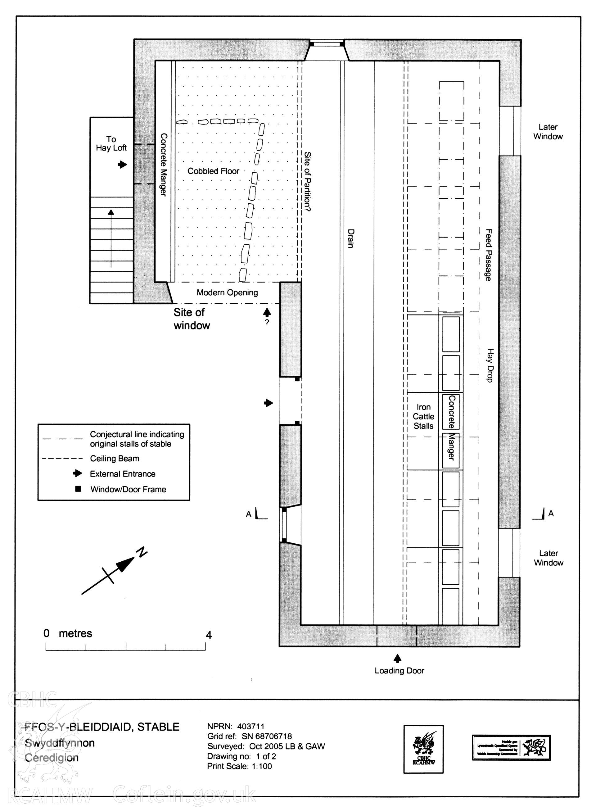 Printout of autocad survey depiction of plan of the stable, produced from autocad file FBS06, from an RCAHMW digital survey of Ffos-y-Bleiddiad Farm, Swyddffynnon, produced as part of the Tir Gofal Project, by Geoff Ward and Louise Barker, 26/10/2005.