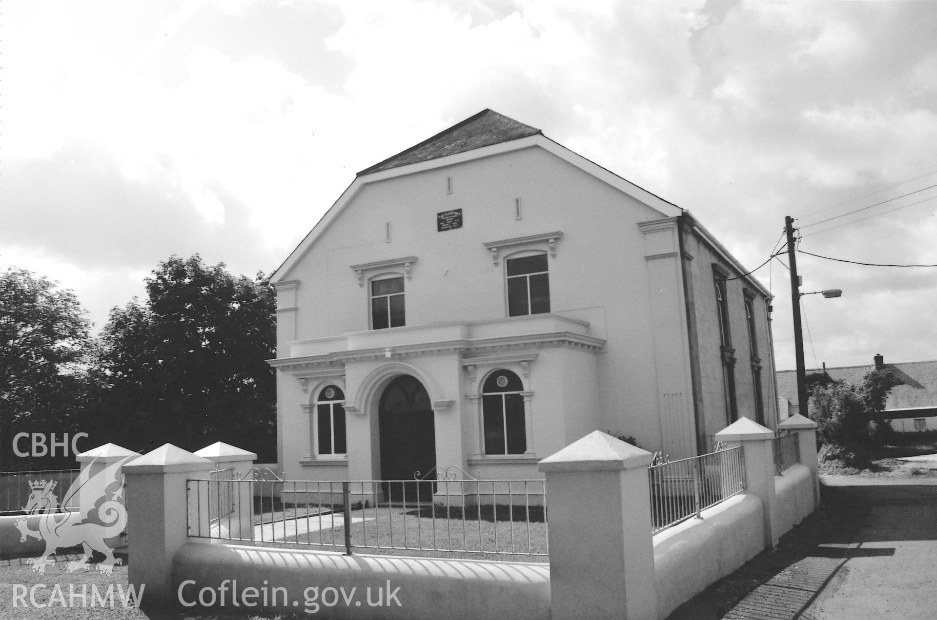 Digital copy of a black and white photograph showing an exterior view of Trefgarn Independent Chapel, Brawdy  taken by Robert Scourfield, 1995.