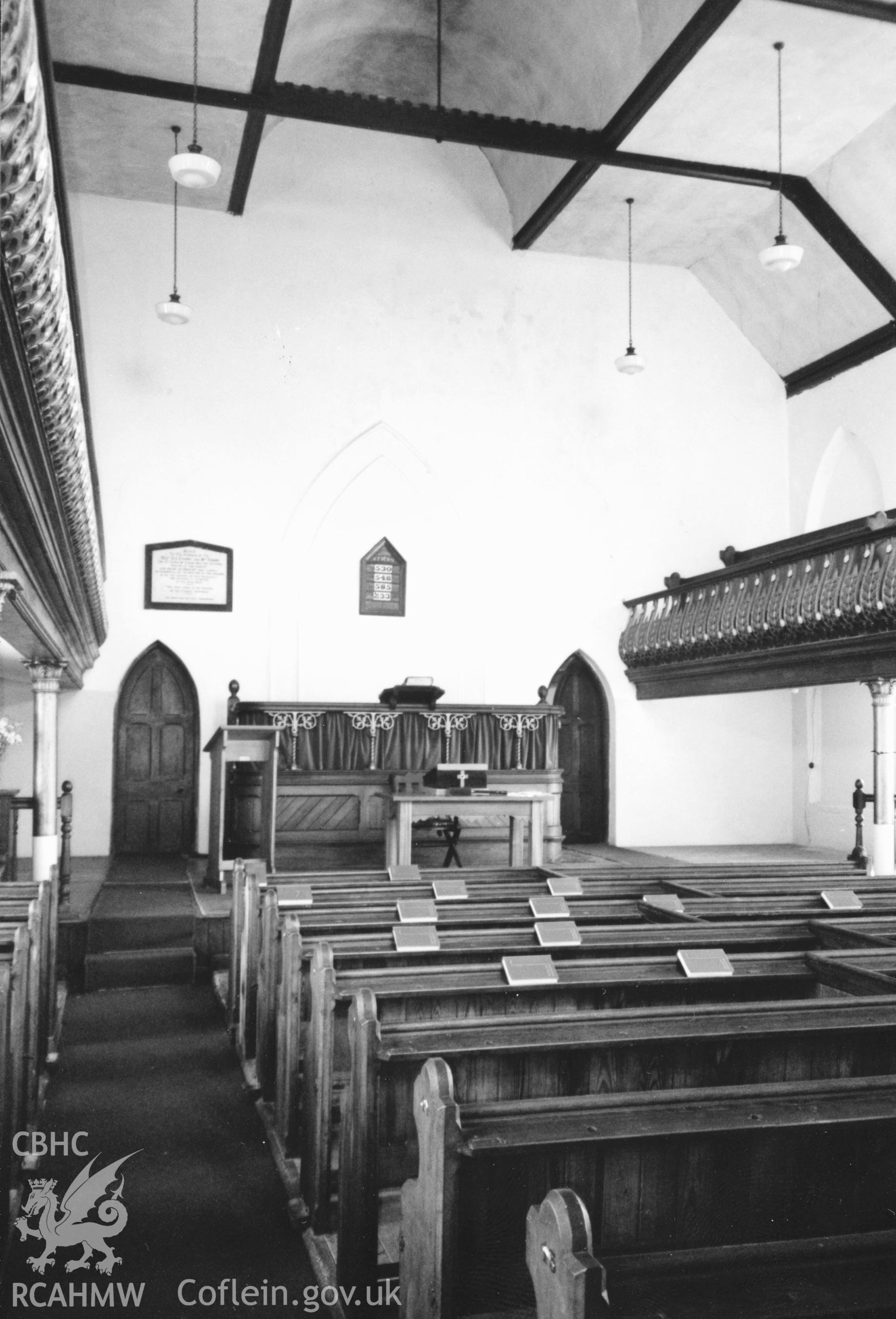 Digital copy of a black and white photograph showing an interior view of Bethesda English Baptist Chapel, Neyland, taken by Robert Scourfield, 1996.