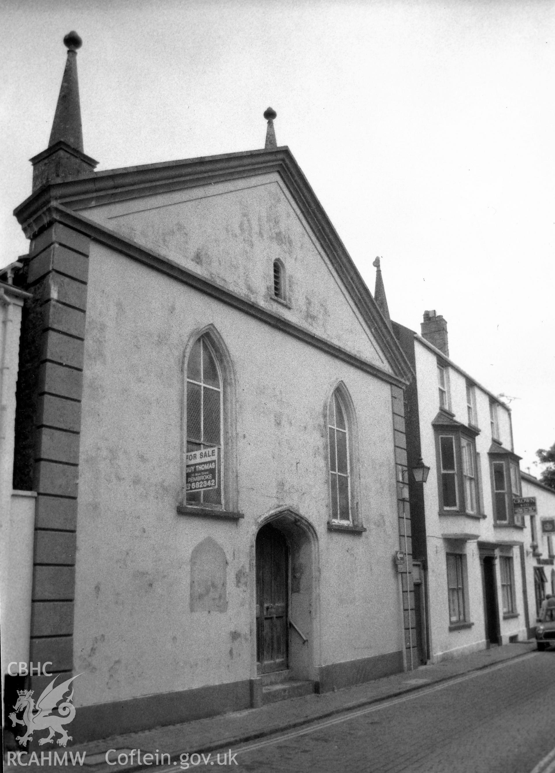 Digital copy of a black and white photograph showing an exterior view of Tabernacle Congregational Chapel, Tenby, taken by Robert Scourfield, 1995.