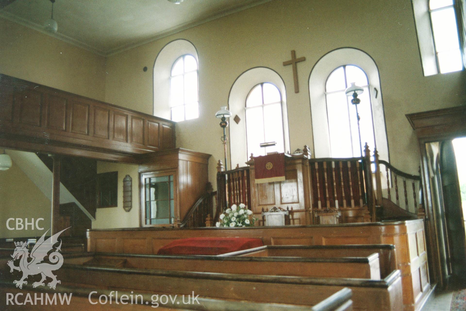 Digital copy of a colour photograph showing an interior view of Carvan Independent Chapel, Lampeter Velfrey, taken by Robert Scourfield, 1996.