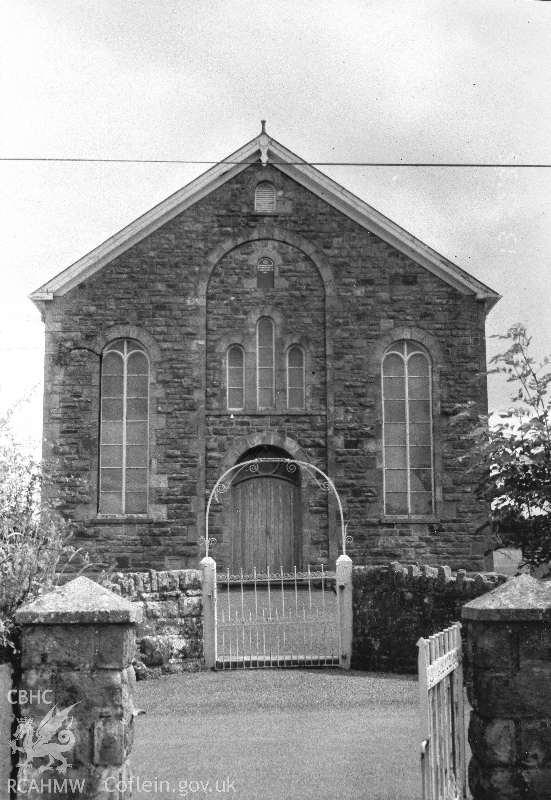 Digital copy of a black and white photograph showing an exterior view of Bryngwenith Independent Chapel, Llandyfriog, taken by Robert Scourfield, 1995.