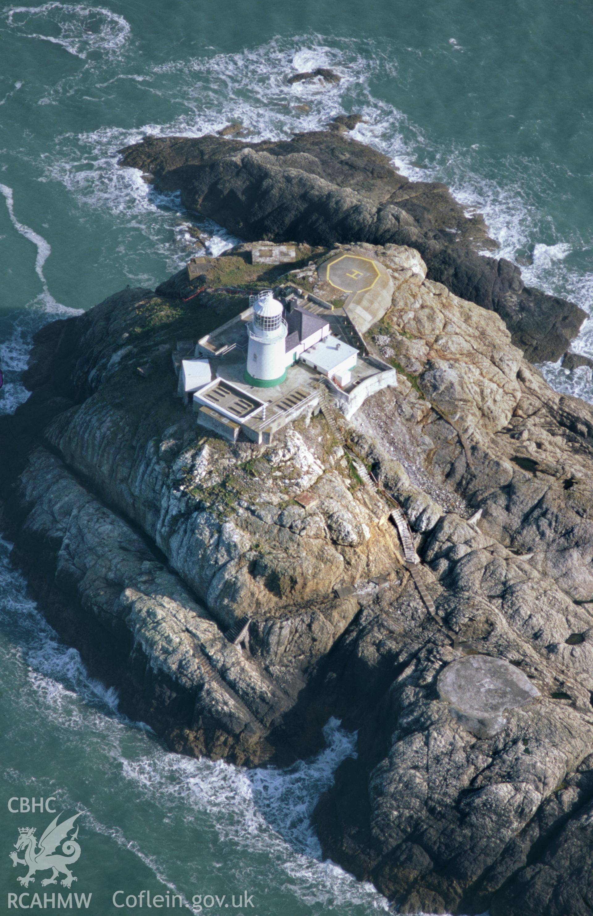Slide of RCAHMW colour oblique aerial photograph of South Bishop Lighthouse, taken by T.G. Driver, 2002.