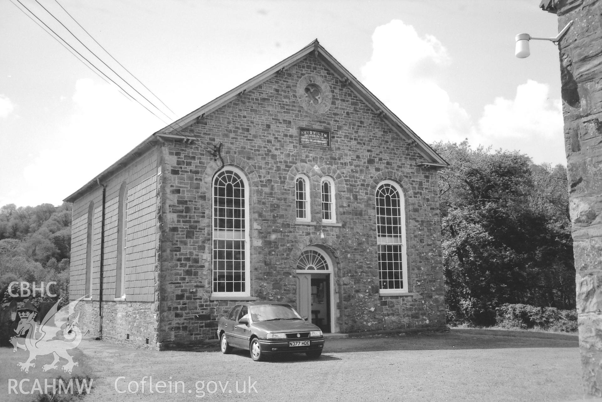 Digital copy of a black and white photograph showing an exterior view of Rhydwilym Baptist Chapel,Clynderwen, taken by Robert Scourfield, 1995.