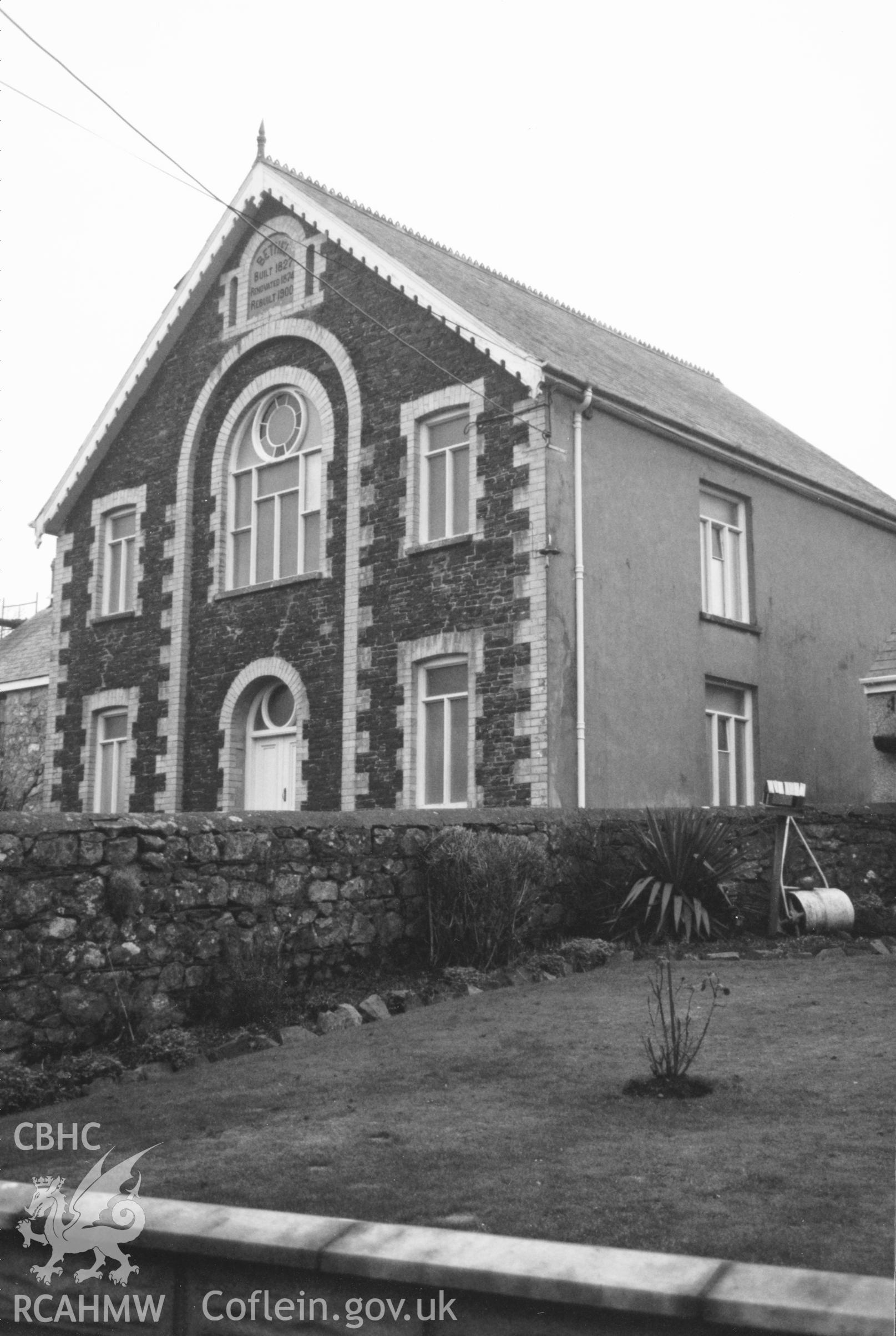 Digital copy of a black and white photograph showing exterior view of Bethel Independent Chapel, Wolfsdale, taken by Robert Scourfield, 1996.