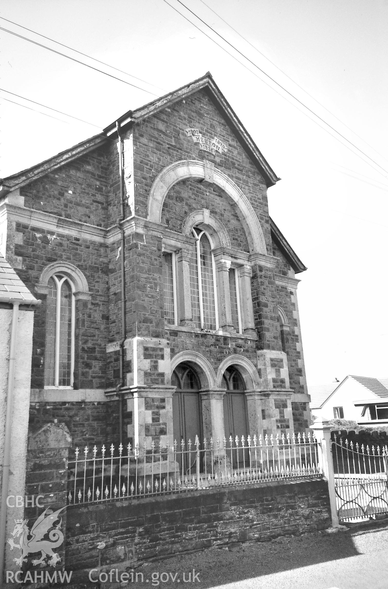 Digital copy of a black and white photograph showing an exterior view of Hebron Independent Chapel,Cilymaenllwyd, taken by Robert Scourfield, 1995.