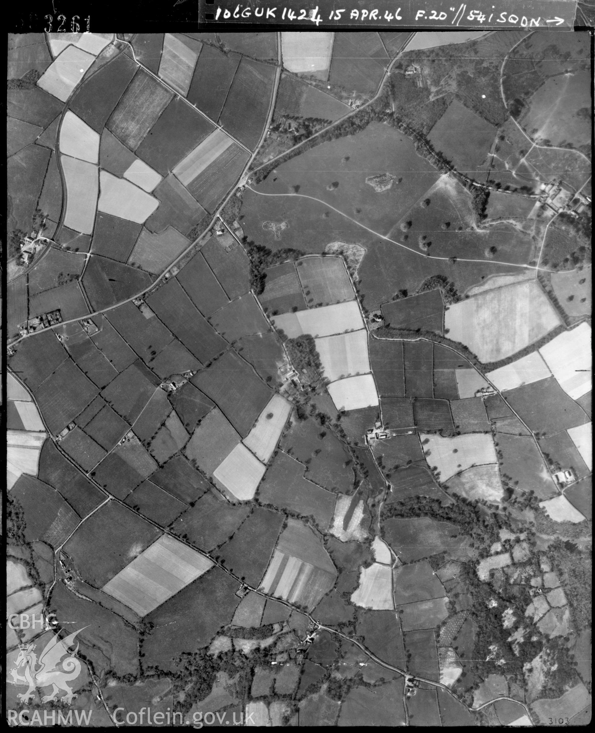 Black and white vertical aerial photograph taken by the RAF on 15/04/1946 centred on SN21443827 at a scale of 1:10000. The photograph includes part of Boncath community in Pembrokeshire.