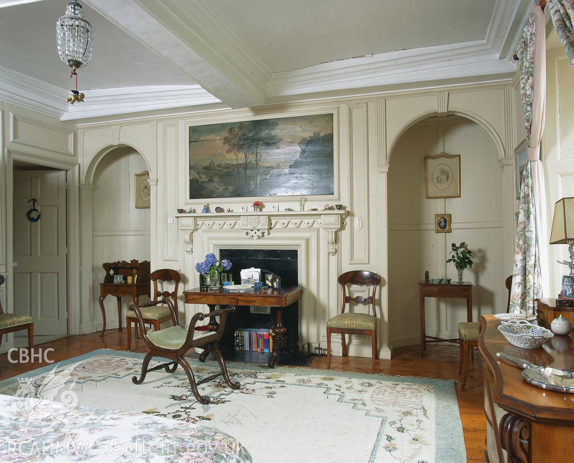 RCAHMW colour transparency showing ground floor, interior view of Bronwydd, Cwmgwili.