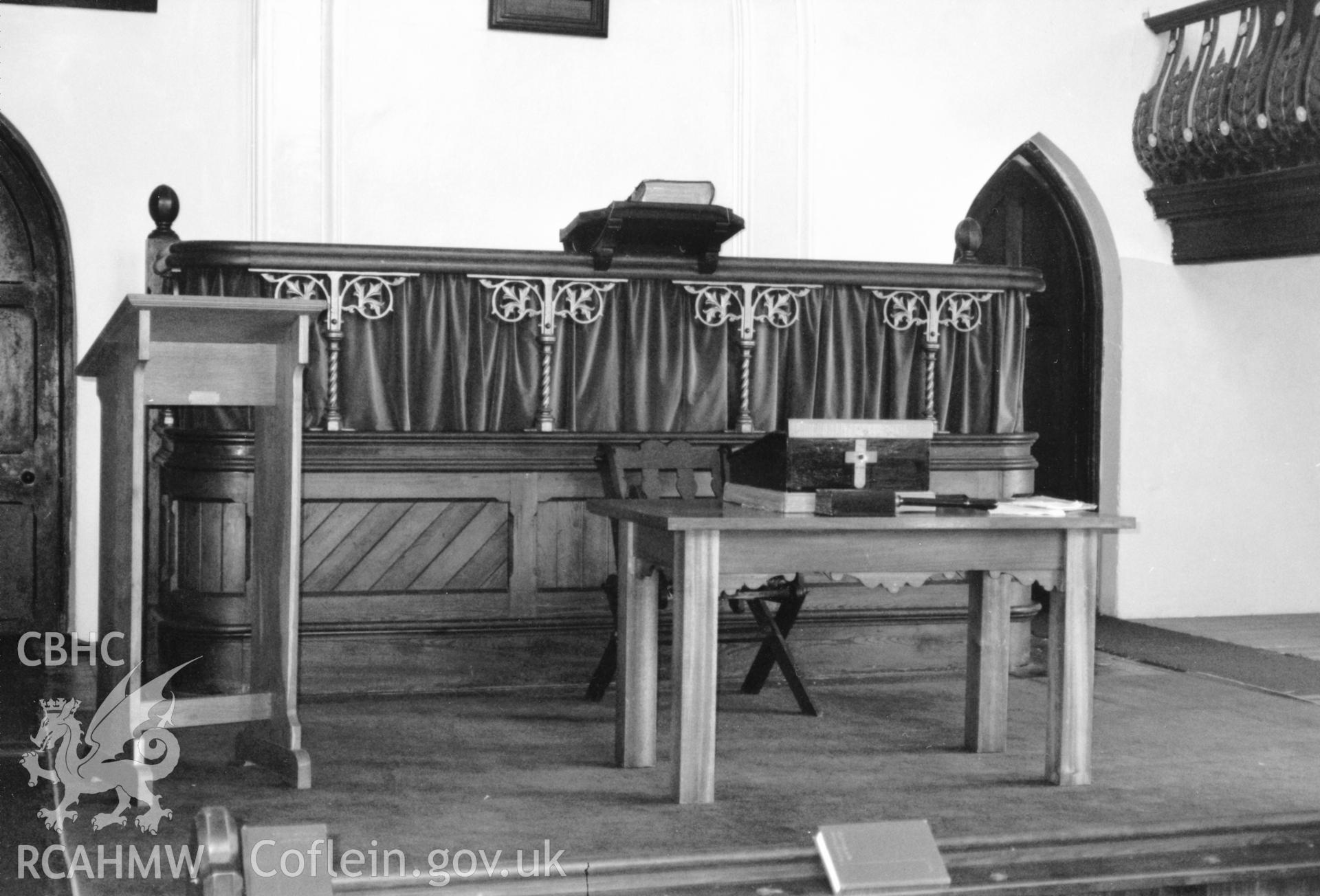 Digital copy of a black and white photograph showing an interior view of Bethesda English Baptist Chapel, Neyland, taken by Robert Scourfield, 1996.