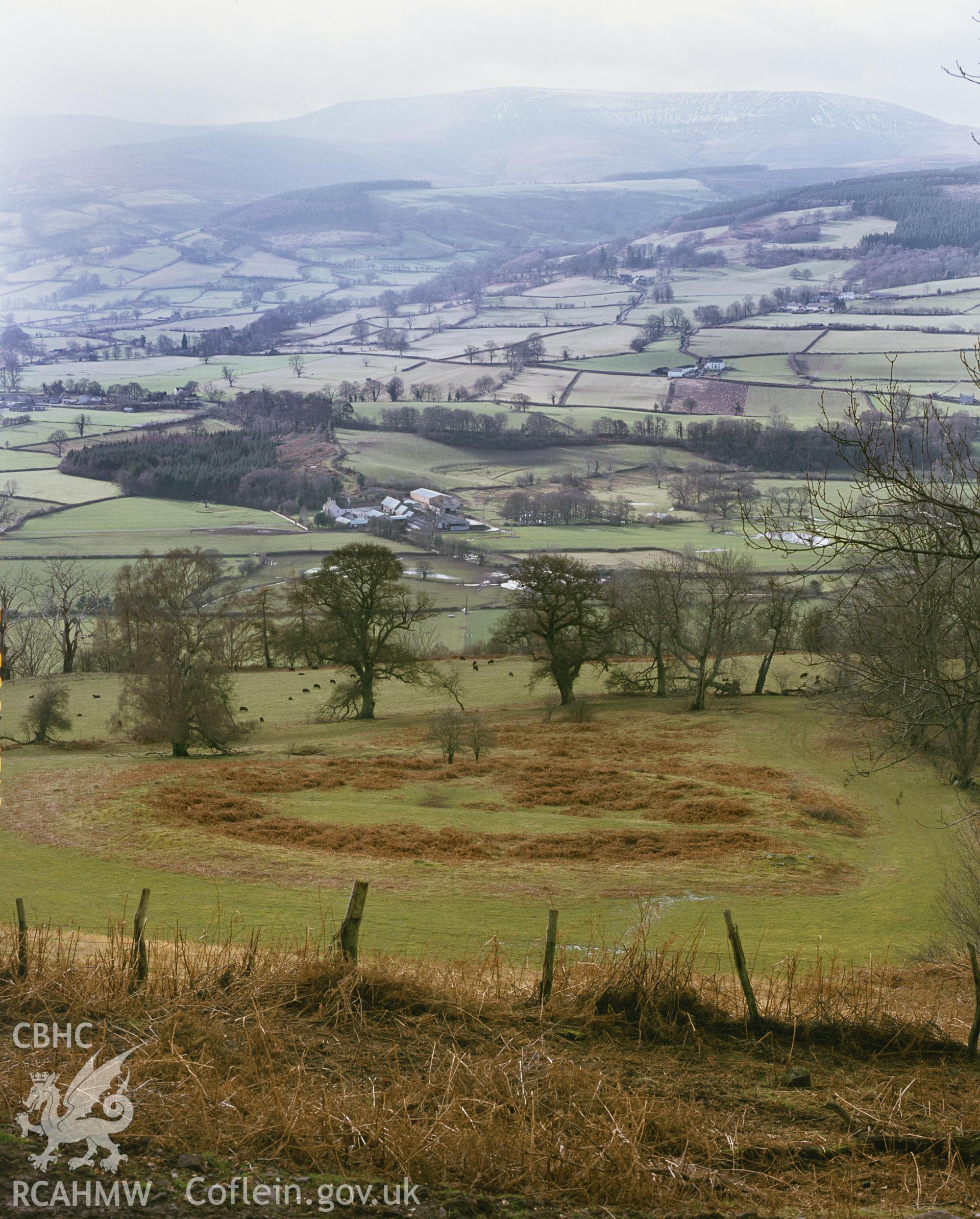 RCAHMW colour transparency of a general view of Allt yr Esgair enclosure, Talybont on Usk.