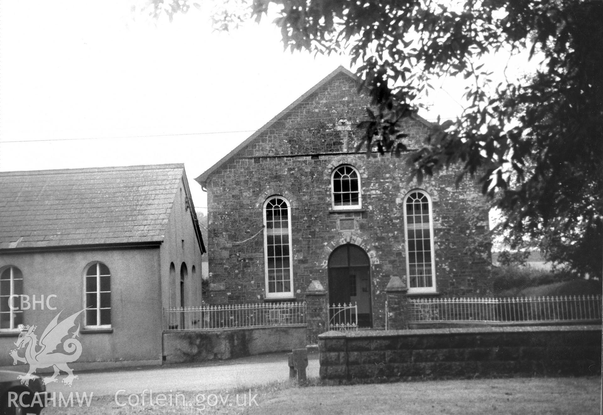 Digital copy of a black and white photograph showing an exterior view of Pisgah Independent Chapel, taken by Robert Scourfield, 1995.