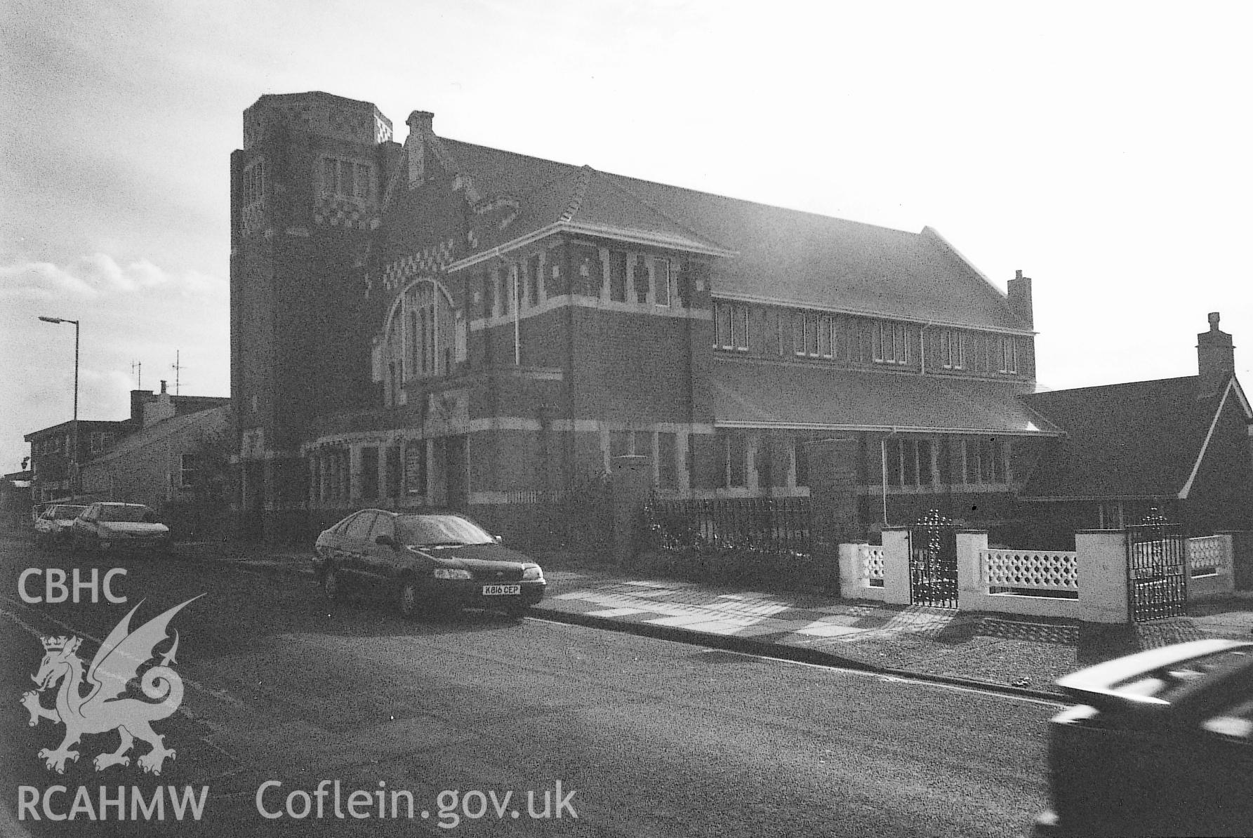 Digital copy of a black and white photograph showing an exterior view of Tabernacle Congregational Chapel, Milford Haven, taken by Robert Scourfield, 1995.