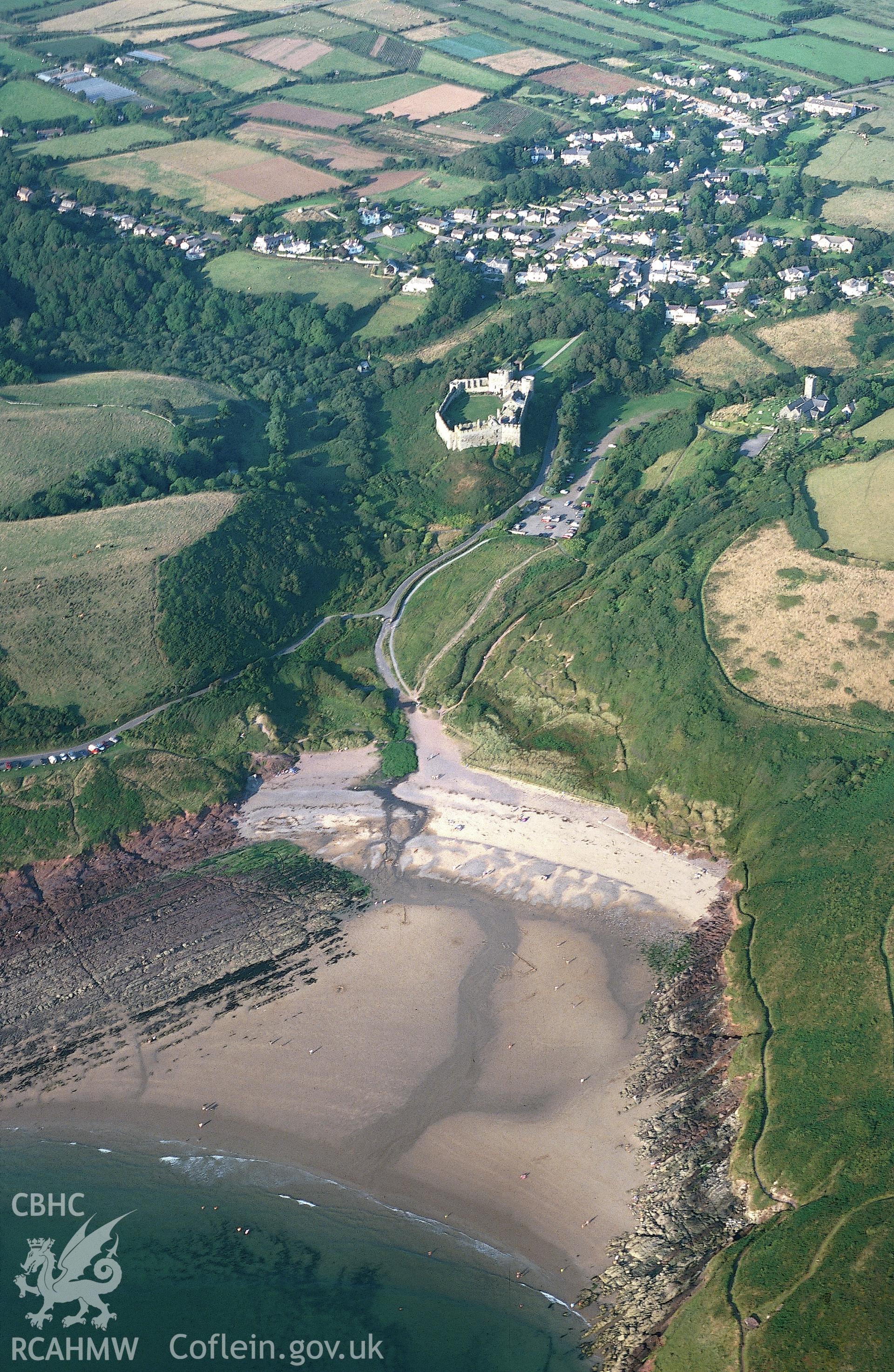 RCAHMW colour slide oblique aerial photograph of Manorbier Castle, Manorbier, taken by T.G.Driver on the 23/08/2000