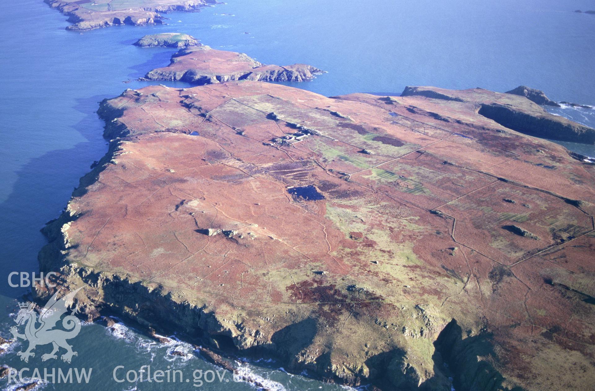 Slide of RCAHMW colour oblique aerial photograph of Field System, Skomer Island, taken by T.G. Driver, 14/2/2001.