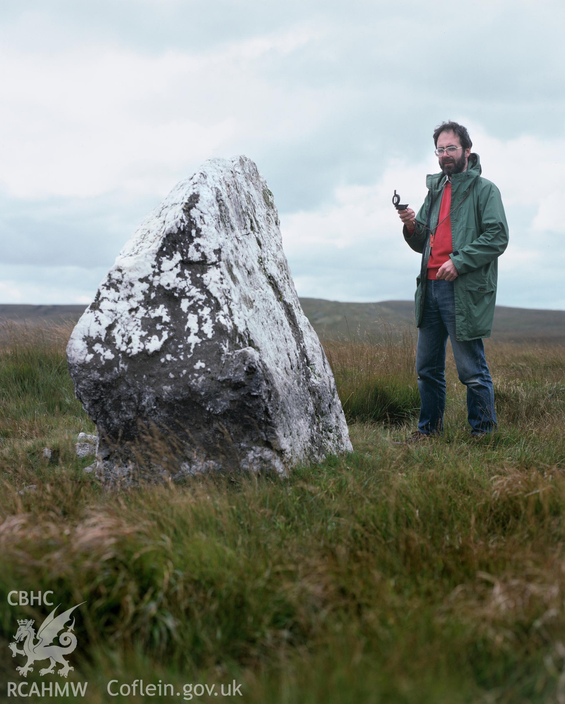 Colour transparency showing a view of Maen Lydan Standing Stone, produced by Iain Wright, c.1981.