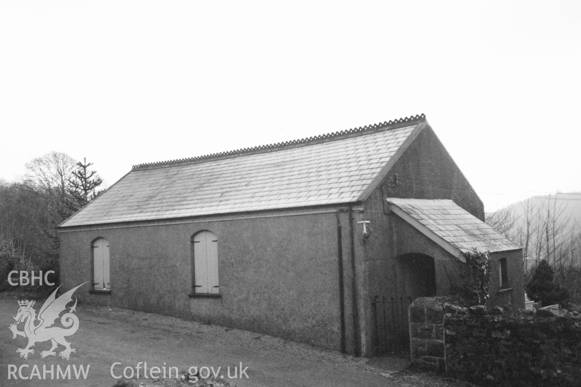 Digital copy of a black and white photograph showing exterior view of Elim Congregational Sunday School, Stepaside, taken by Robert Scourfield, 1996.