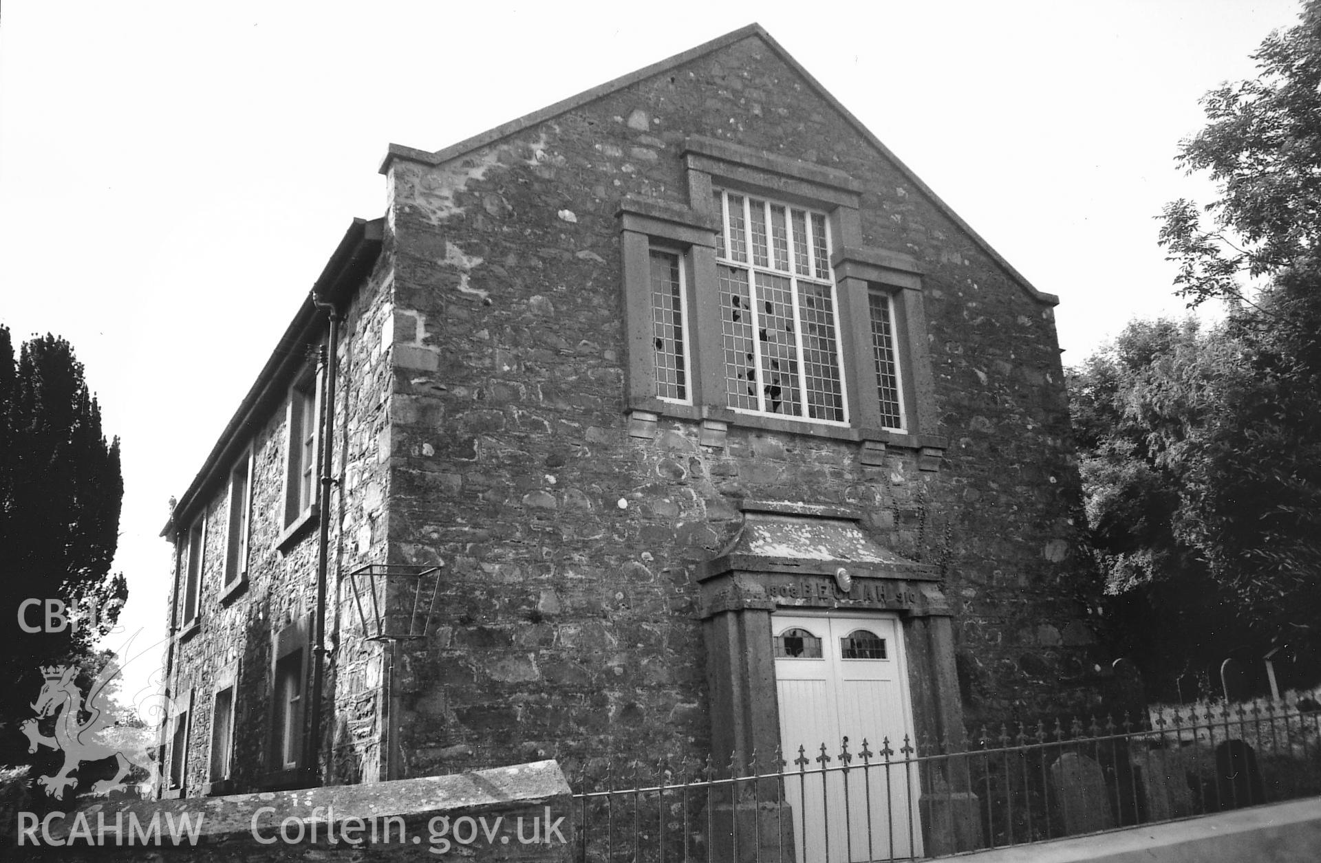 Digital copy of a black and white photograph showing an exterior view of Beulah Baptist Chapel, Little Newcastle taken by Robert Scourfield, 1995.